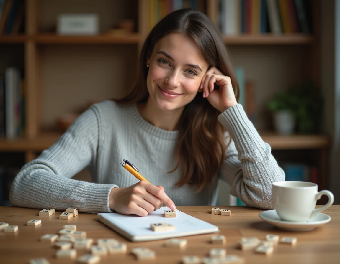 Jeune femme cherchant un mot en M sur un cahier entouré de lettres de scrabble sur une table en bois