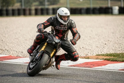 Motard en combinaison de cuir rouge et noire prenant un virage sur un circuit de moto lors d'une journée piste