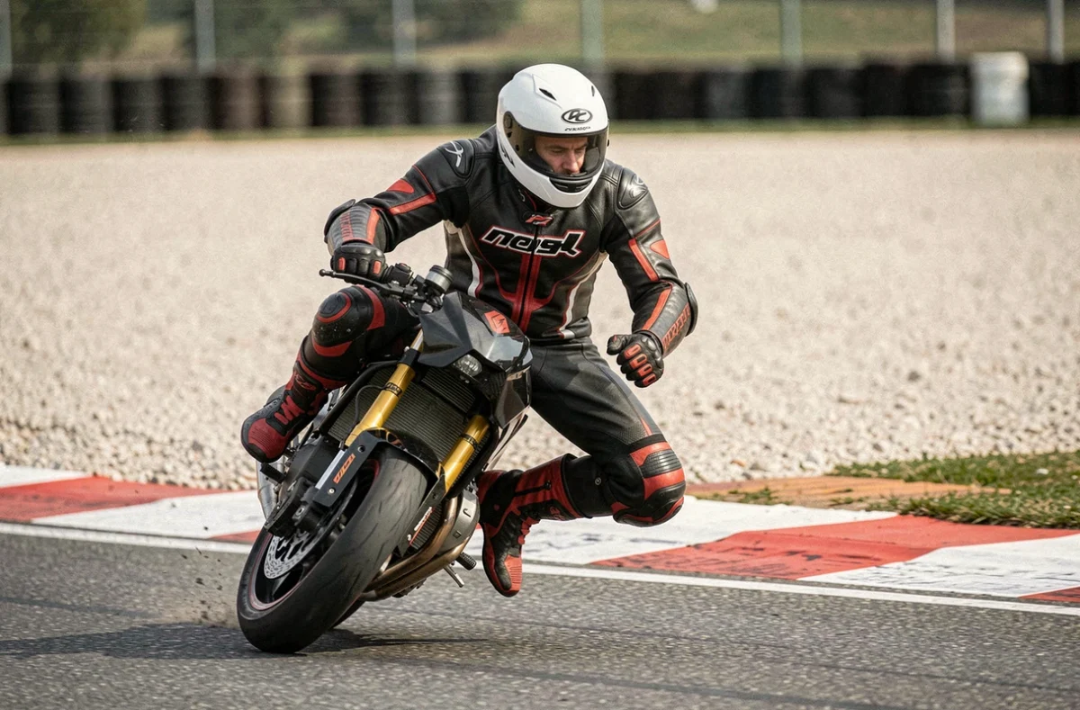 Motard en combinaison de cuir rouge et noire prenant un virage sur un circuit de moto lors d'une journée piste