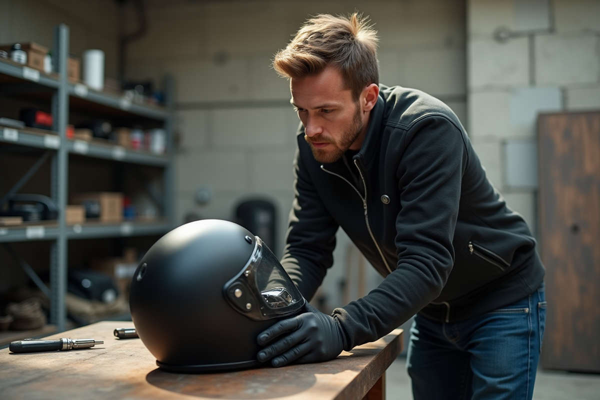 Motard homme examine casque moto moderne dans un garage