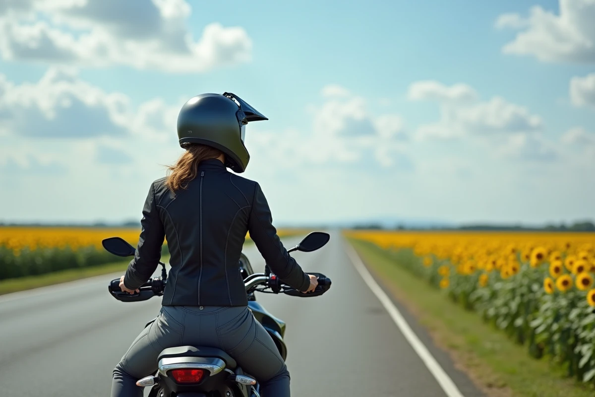 Motarde inspectant son trail A2 au bord d'une route de campagne bordée de tournesols