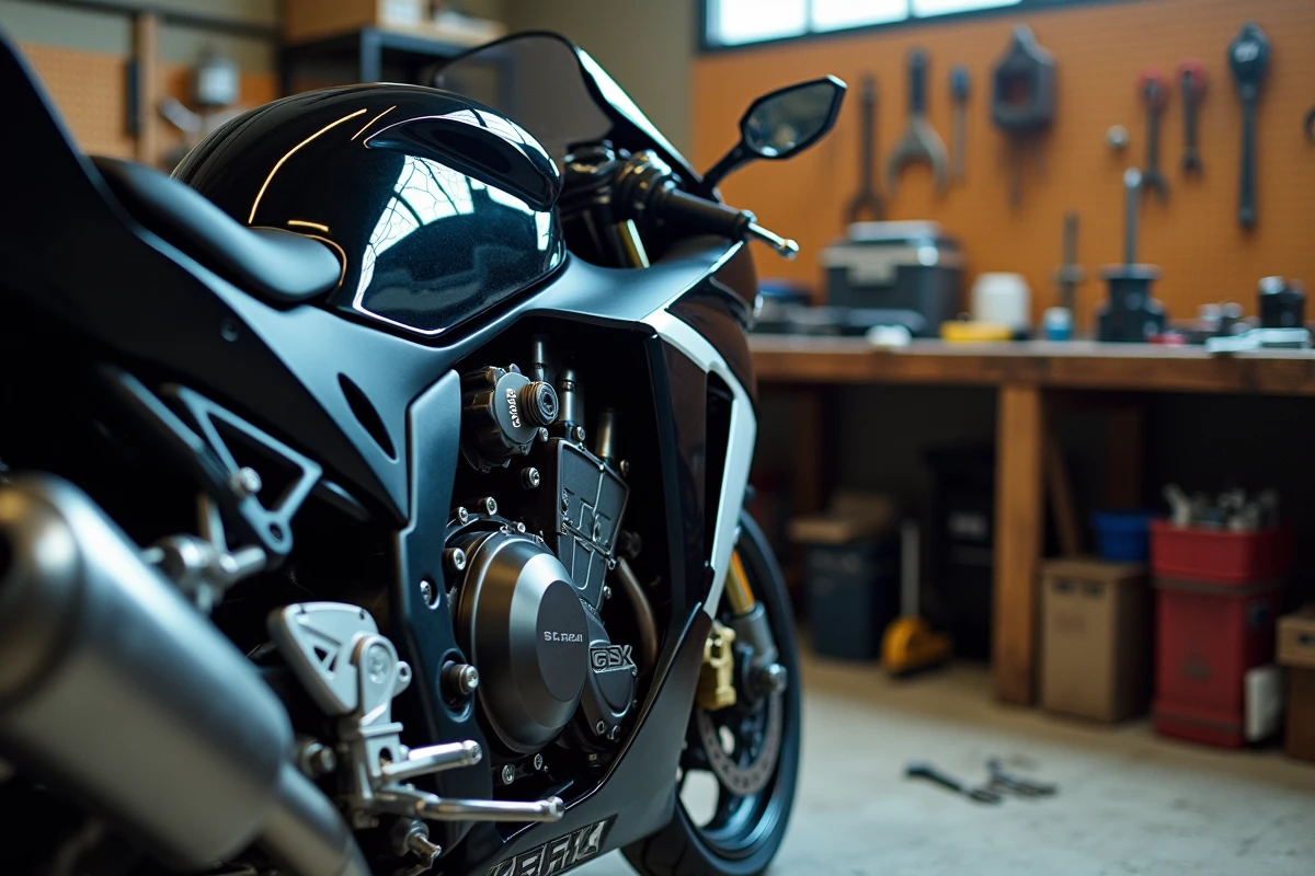 Vue rapprochée du moteur et des échappements d'une Suzuki GSX 600R dans un garage d'entretien, illustrant la fiabilité mécanique et le suivi long terme d'un propriétaire