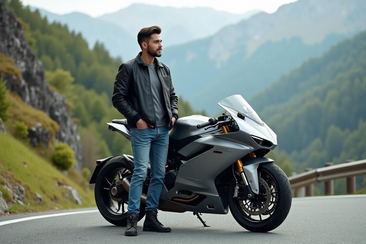 Jeune homme avec veste moto moderne et moto futuriste 2026