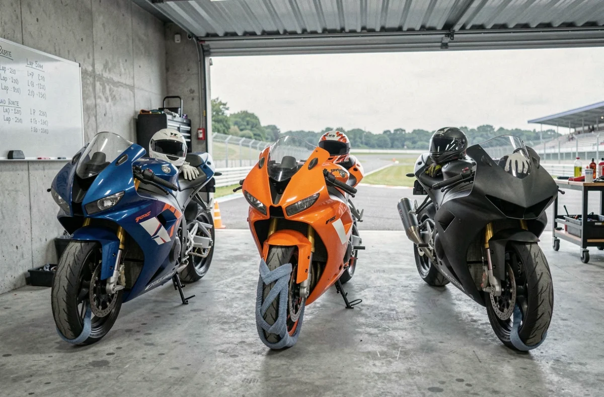 Motos de piste équipées de chauffe-pneus garées dans un stand de circuit lors d'une journée trackday