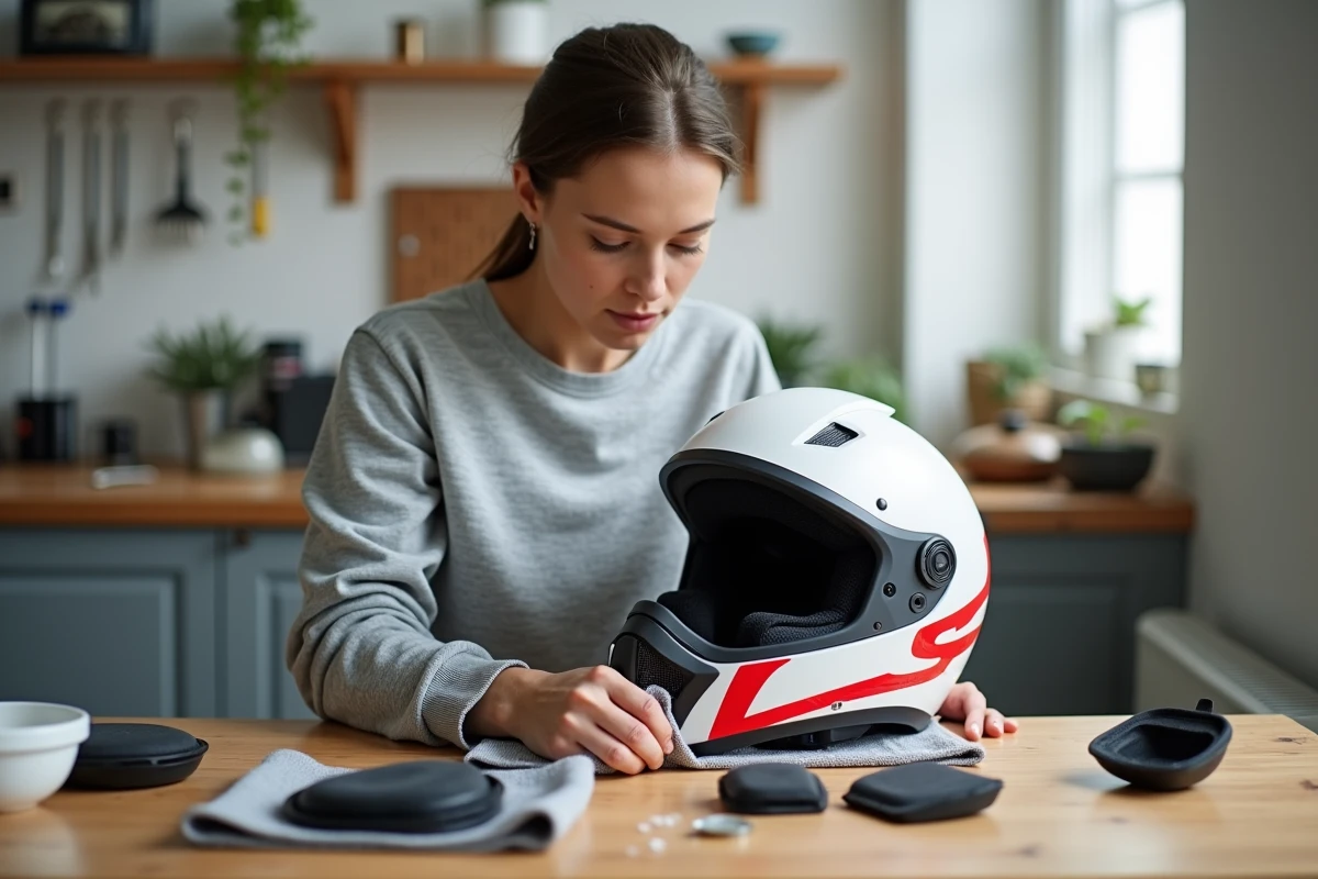 Femme nettoyant l'intérieur d'un casque LS2 démonté sur un établi, avec mousses et joues amovibles étalées sur une serviette