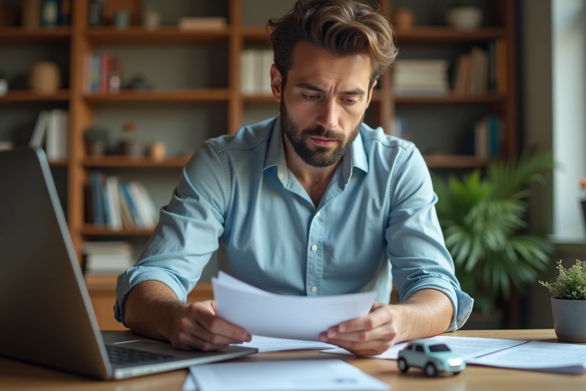 Homme organisant un achat group&eacute; de v&eacute;hicule neuf depuis son bureau &agrave; domicile avec documents et ordinateur