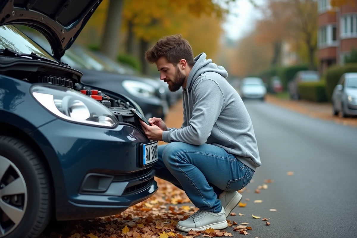 Homme gérant une panne de voiture en bord de route grâce à une application de suivi de véhicule sur smartphone