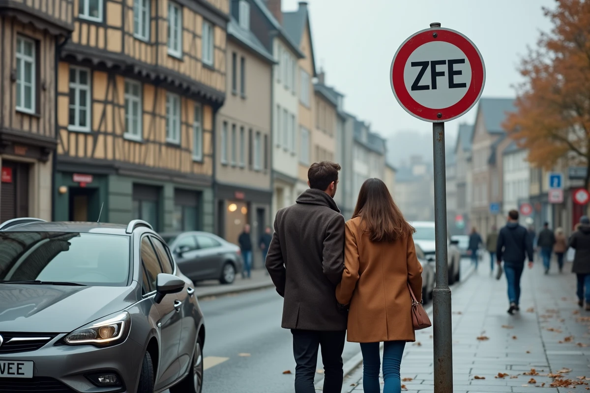 Couple observant un panneau de zone à faibles émissions dans le centre-ville de Rennes en automne