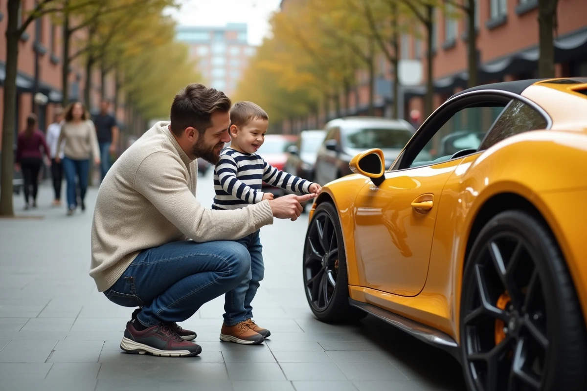 P&egrave;re et fils regardant une voiture de sport brillante