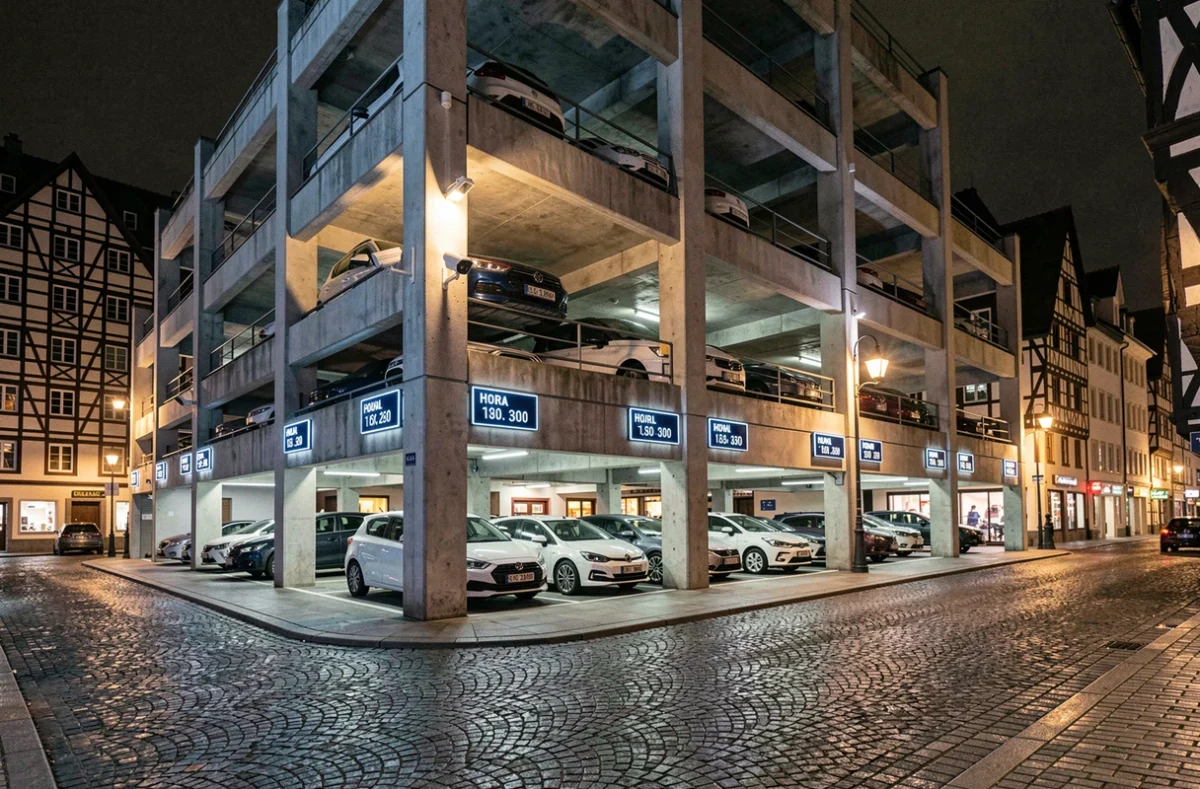 Parking centre-ville de Colmar de nuit avec signalétique tarifaire et façade sécurisée