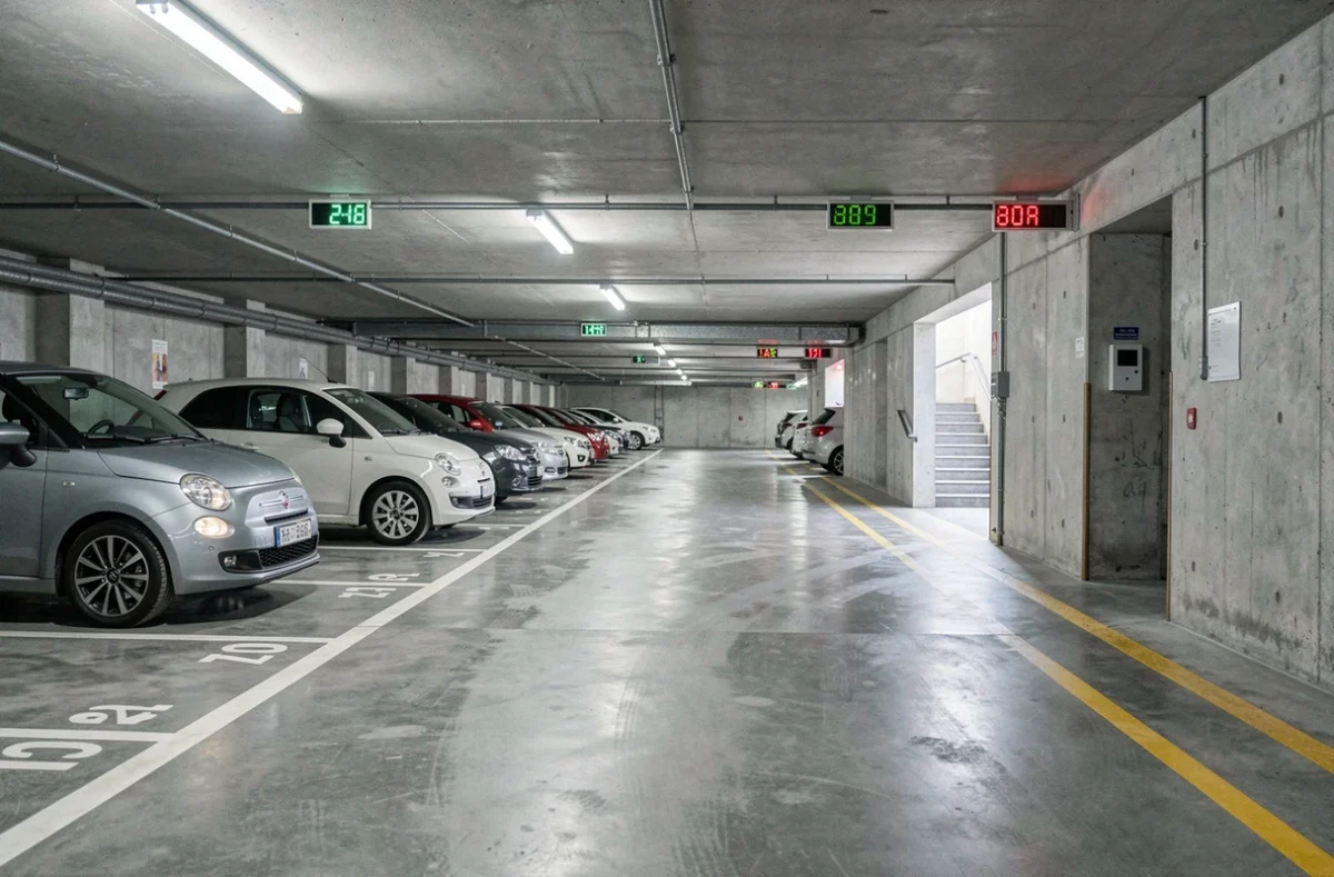 Intérieur d'un parking souterrain sécurisé en centre-ville avec signalisation de places disponibles