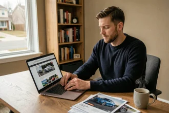 Homme passionné d'automobile consultant l'actualité caradisiac sur un ordinateur portable dans un bureau à domicile