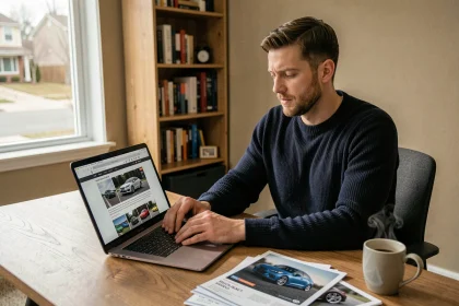 Homme passionné d'automobile consultant l'actualité caradisiac sur un ordinateur portable dans un bureau à domicile