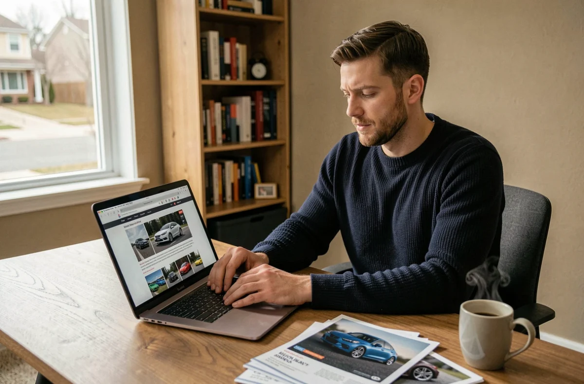 Homme passionné d'automobile consultant l'actualité caradisiac sur un ordinateur portable dans un bureau à domicile