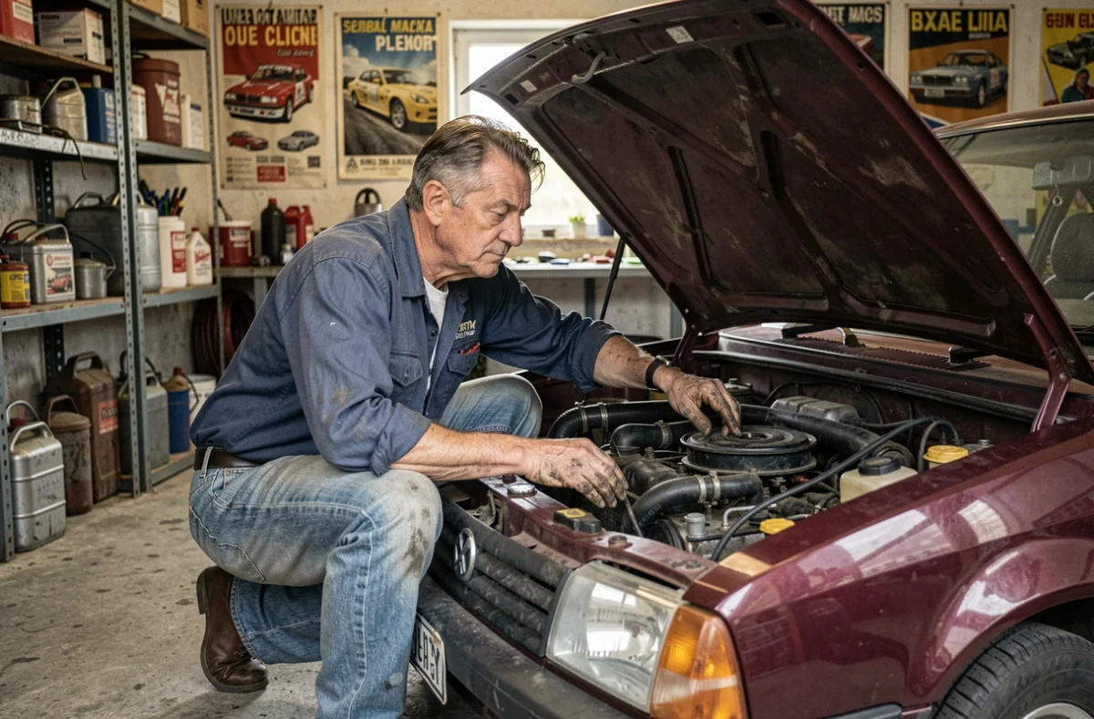 Passionné de collection inspect le moteur d'une Renault 12 bordeaux dans un garage vintage, portrait éditorial authentique de restaurateur automobile