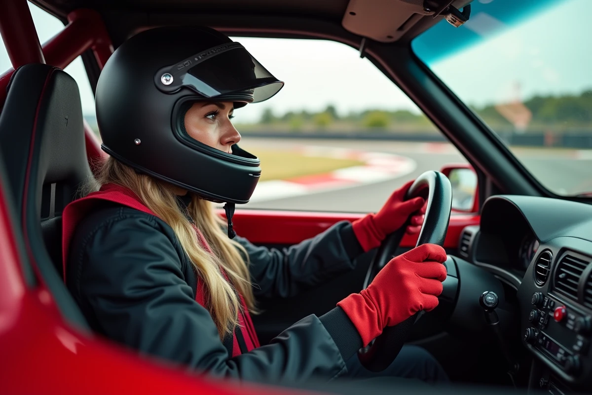 Femme pilote au volant d'une voiture de piste lors d'un stage de conduite sportive, portant casque et gants homologués