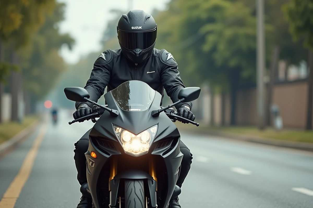 Motard expérimenté en équipement textile assis sur une Suzuki GSX 600R en pause sur une route urbaine, illustrant un retour d'expérience long terme sur cette moto sportive