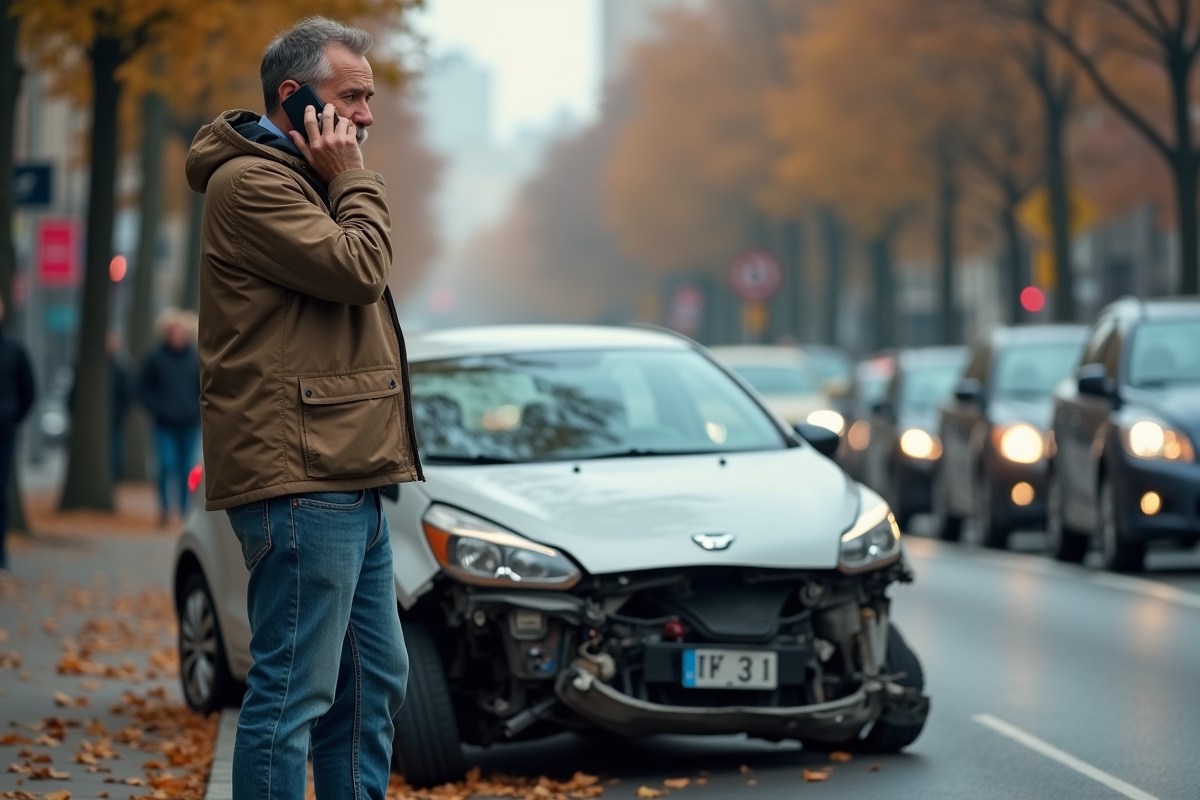 Homme en jeans et coupe-vent à côté de sa voiture en panne en ville