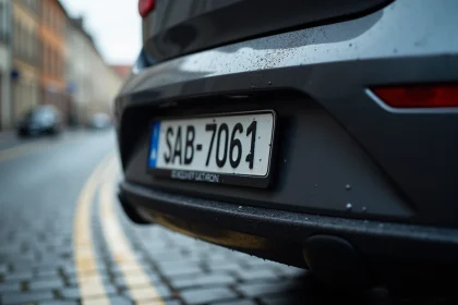 Gros plan sur une plaque d'immatriculation noire avec caractères blancs sur une voiture française garée en ville