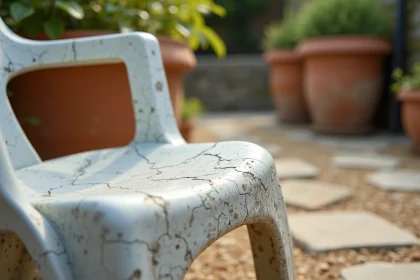 Plastique de jardin blanchi et oxyd&eacute; par le soleil, surface craquel&eacute;e et terne sur une terrasse en pierre