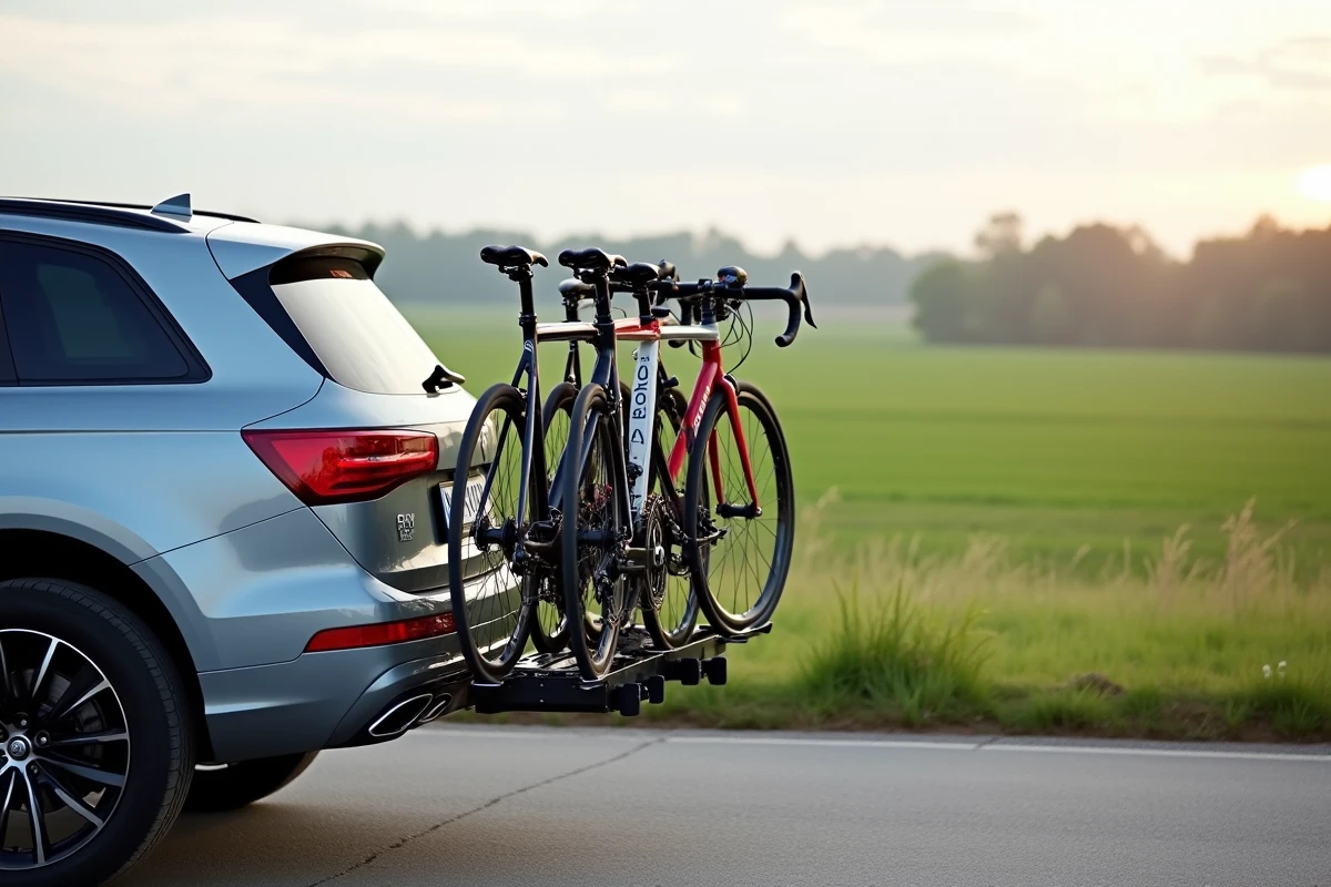 Porte-vélo attelage 4 vélos fixé sur un SUV sur une route de campagne