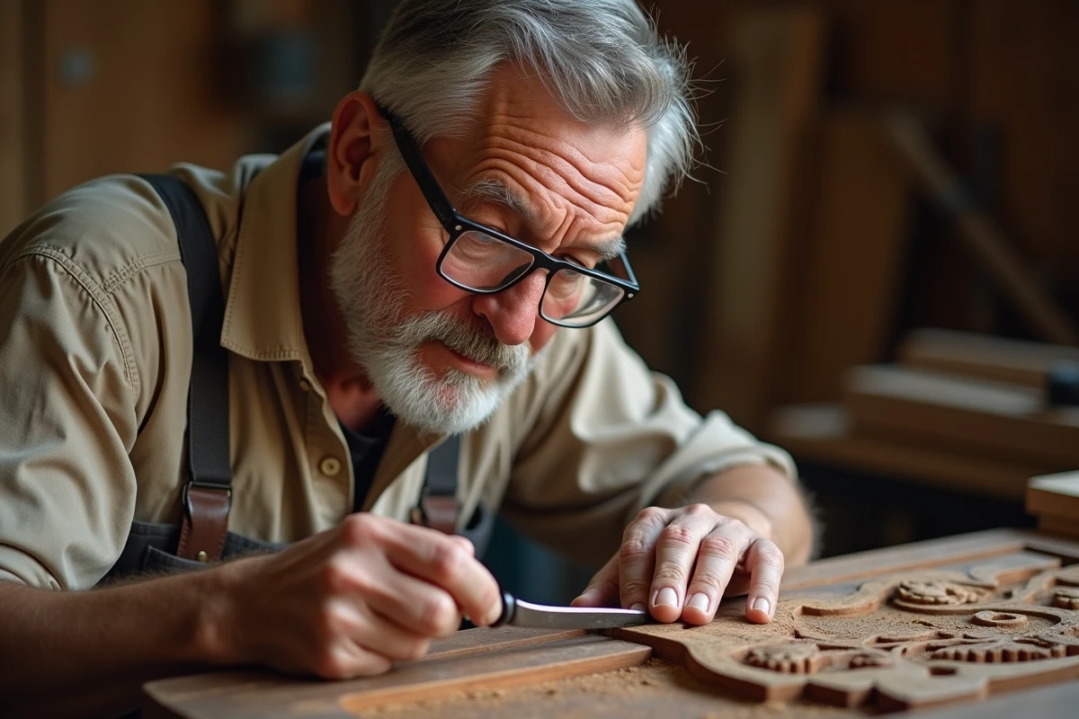 Portrait en gros plan d'un artisan sculpteur sur bois travaillant un motif d'acanthe sur panneau en noyer