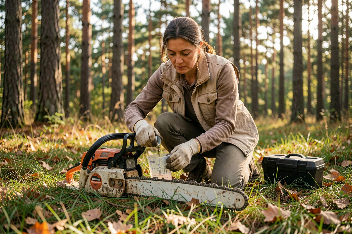 Femme préparant un mélange essence huile pour tronçonneuse en forêt