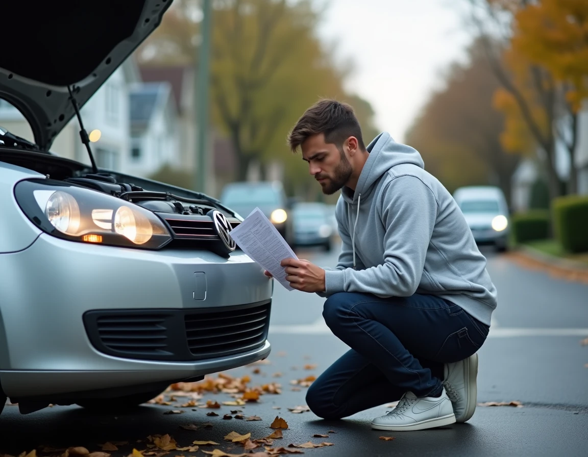 Propriétaire vérifiant le moteur diesel d'une Volkswagen Golf TDI dans une rue résidentielle