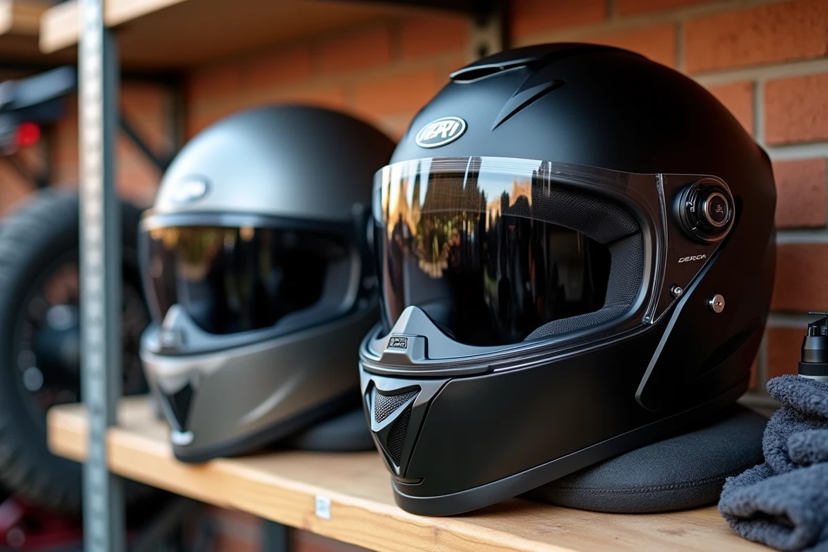 Deux casques LS2 rangés sur une étagère de garage avec accessoires d'entretien, illustrant le stockage correct des casques moto