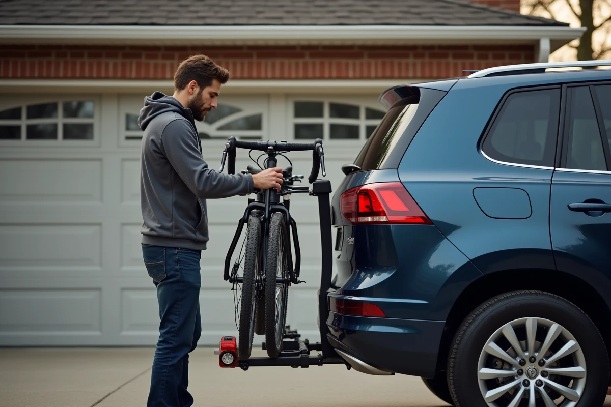 Homme ajustant les supports d'un porte-vélo 4 places sur attelage devant un garage