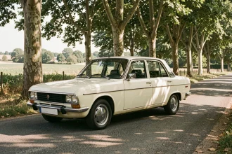 Renault 12 berline classique blanche restaurée garée sur une route de campagne française bordée de platanes, photo éditoriale nostalgique