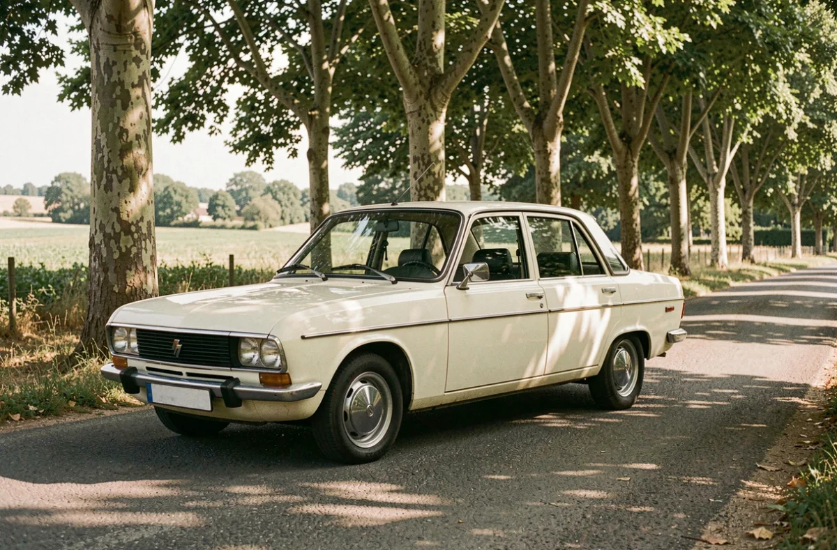 Renault 12 berline classique blanche restaurée garée sur une route de campagne française bordée de platanes, photo éditoriale nostalgique