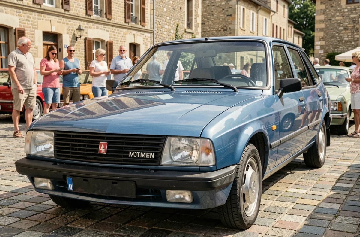 Renault 12 bleue métallisée exposée lors d'un rassemblement de voitures classiques sur une place pavée en France, vue trois-quarts avant détaillée