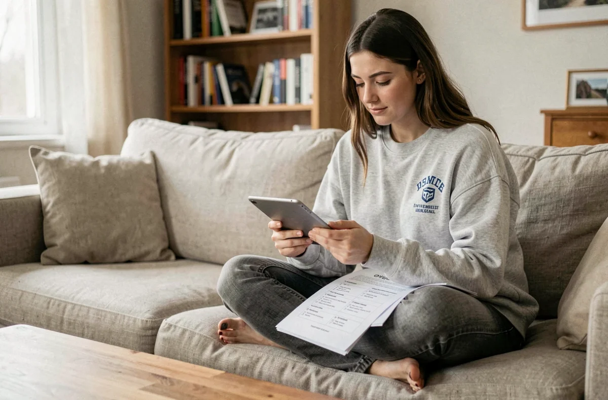 Jeune femme révisant les questions fréquentes du code de la route 2026 sur une tablette avec un PDF imprimé