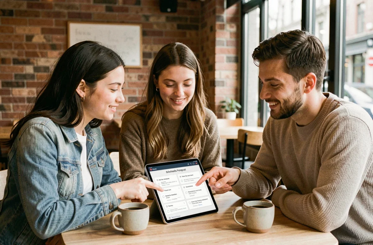 Groupe de jeunes adultes révisant les questions du permis de conduire 2026 sur une tablette dans un café moderne