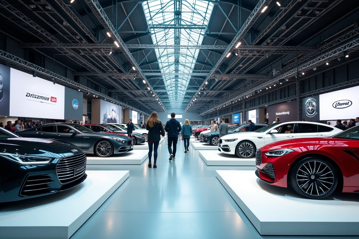 Vue intérieure du Salon de l'Automobile de Paris 2026 avec des voitures concept sur podiums et des visiteurs déambulant dans les allées