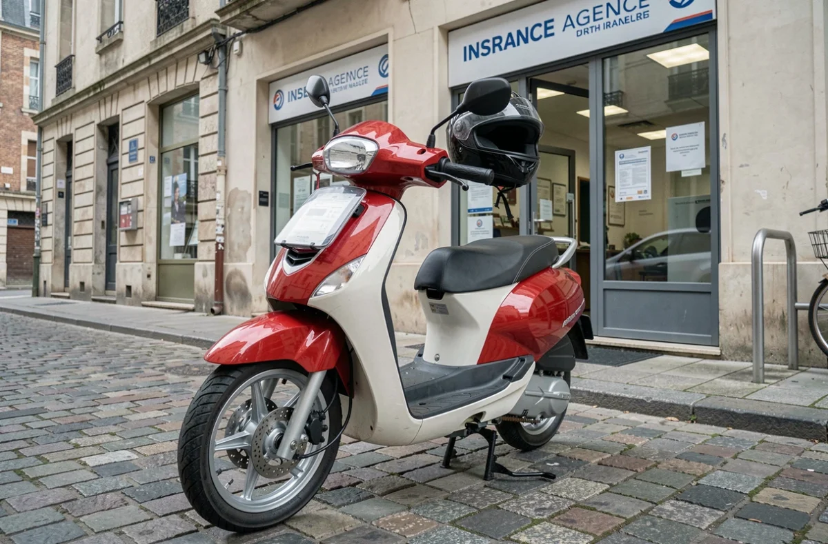 Scooter 50cc garé devant une agence d'assurance en ville avec document d'immatriculation visible