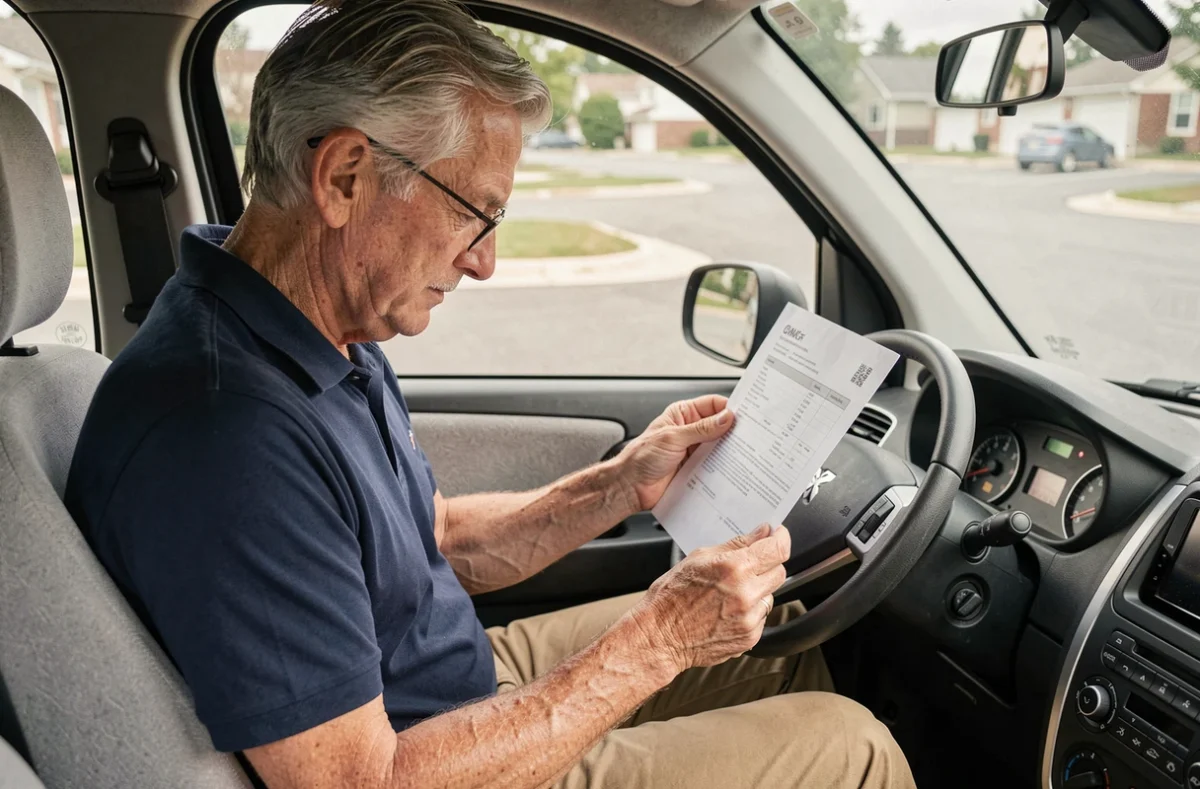 Senior lisant un contrat de location longue durée dans l'habitacle d'une voiture sans permis