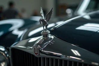 Gros plan ultra-réaliste d'un sigle chromé de voiture de luxe sur une calandre, détails métalliques précis et reflets polis