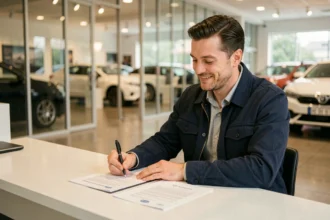 Homme signant un contrat d'assurance auto le jour de l'achat chez un concessionnaire automobile
