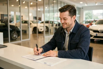 Homme signant un contrat d'assurance auto le jour de l'achat chez un concessionnaire automobile