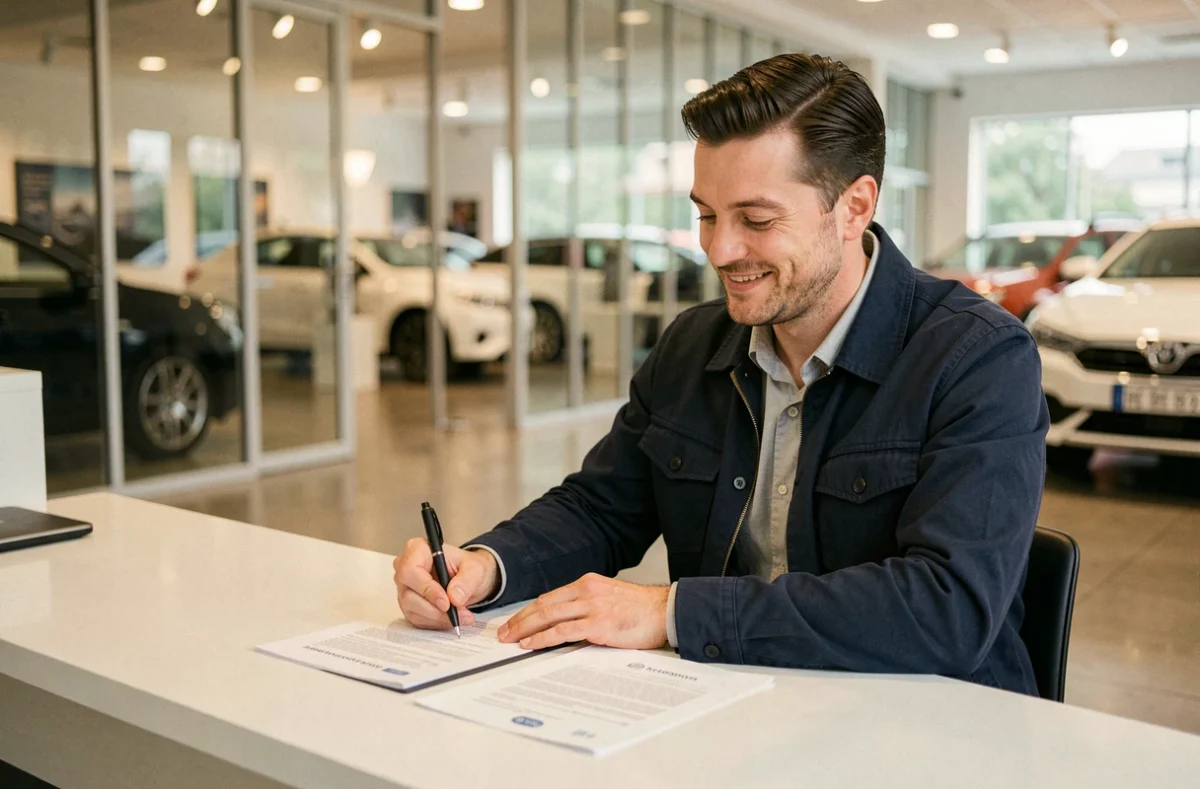 Homme signant un contrat d'assurance auto le jour de l'achat chez un concessionnaire automobile