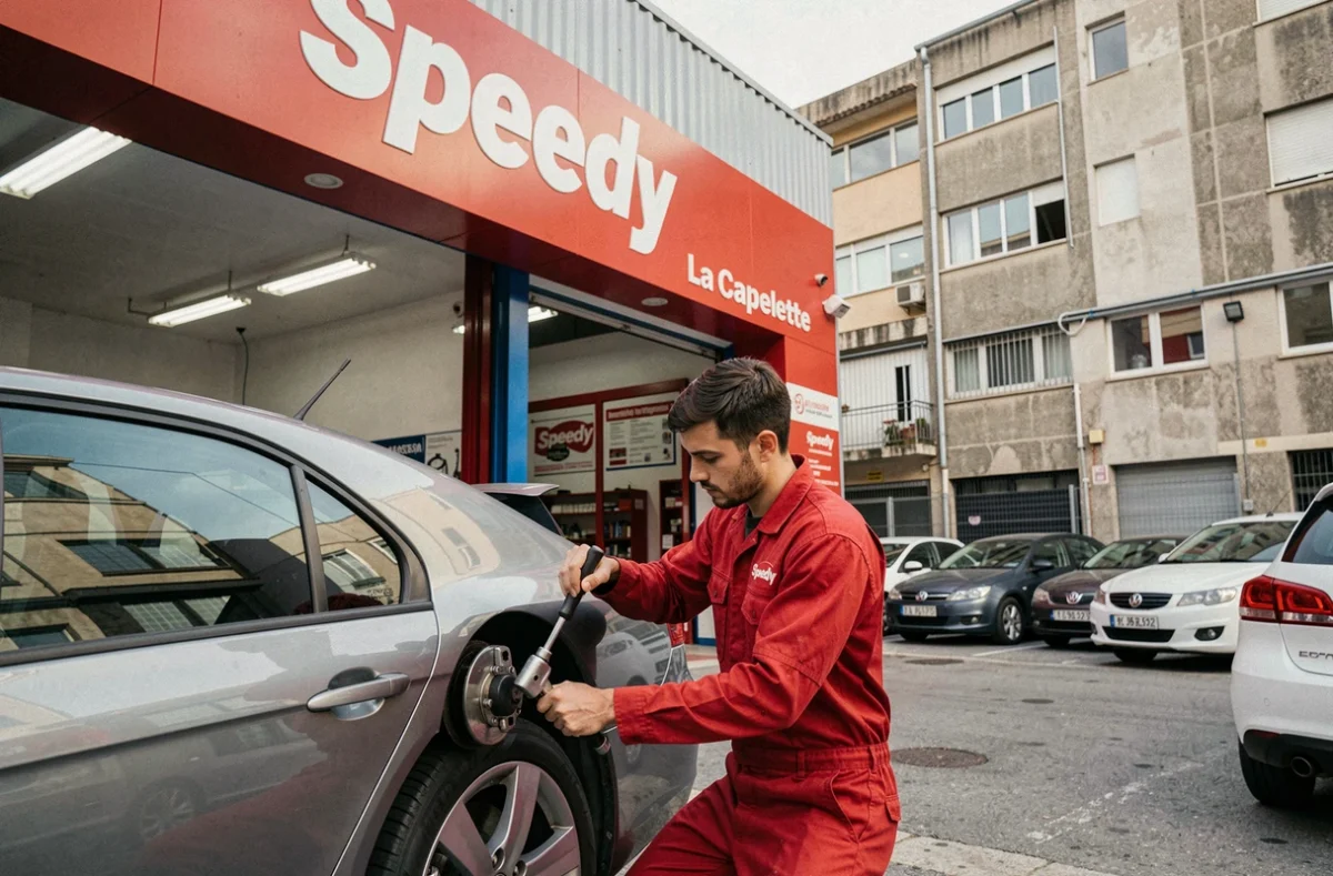 Mécanicien Speedy remontant une roue après réparation de frein à Marseille Capelette