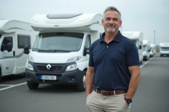 Homme debout à côté d'un SUV tractant une caravane dans un espace de stationnement de concessionnaire, illustrant le choix du véhicule tracteur pour camping-cariste