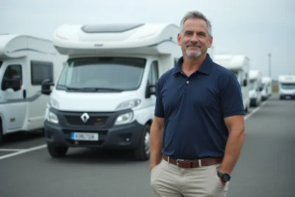 Homme debout à côté d'un SUV tractant une caravane dans un espace de stationnement de concessionnaire, illustrant le choix du véhicule tracteur pour camping-cariste