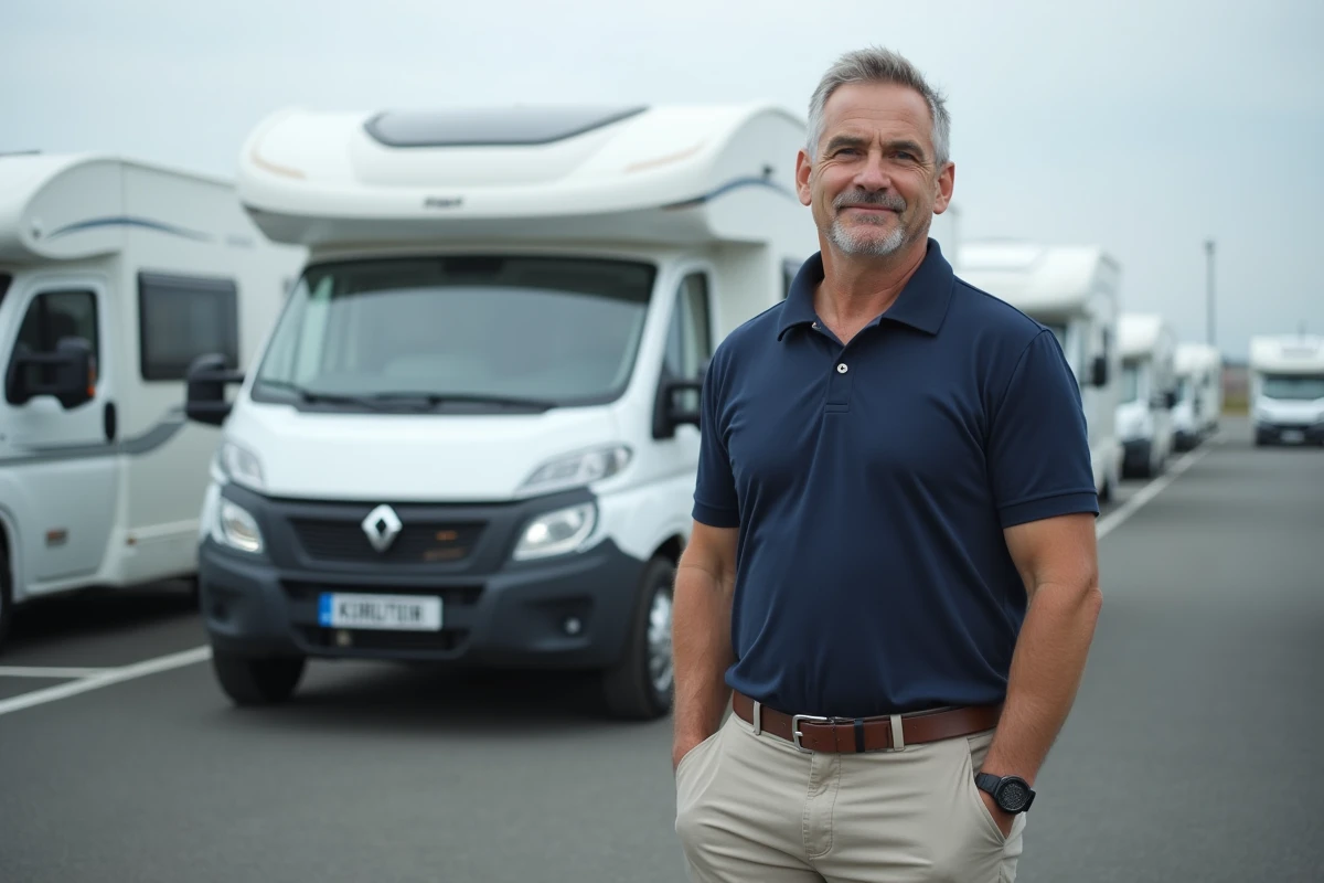 Homme debout à côté d'un SUV tractant une caravane dans un espace de stationnement de concessionnaire, illustrant le choix du véhicule tracteur pour camping-cariste