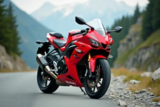 Suzuki GSX 600R rouge et noir garée sur une route de montagne, vue trois quarts avant mettant en valeur le carénage complet et la ligne sportive de la moto