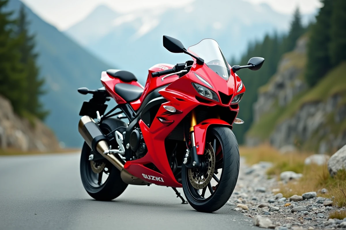 Suzuki GSX 600R rouge et noir garée sur une route de montagne, vue trois quarts avant mettant en valeur le carénage complet et la ligne sportive de la moto