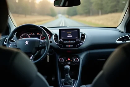 Tableau de bord d'une Peugeot 208 d'occasion vu depuis la place conducteur, montrant l'instrumentation numérique et l'écran multimédia lors d'une inspection avant achat