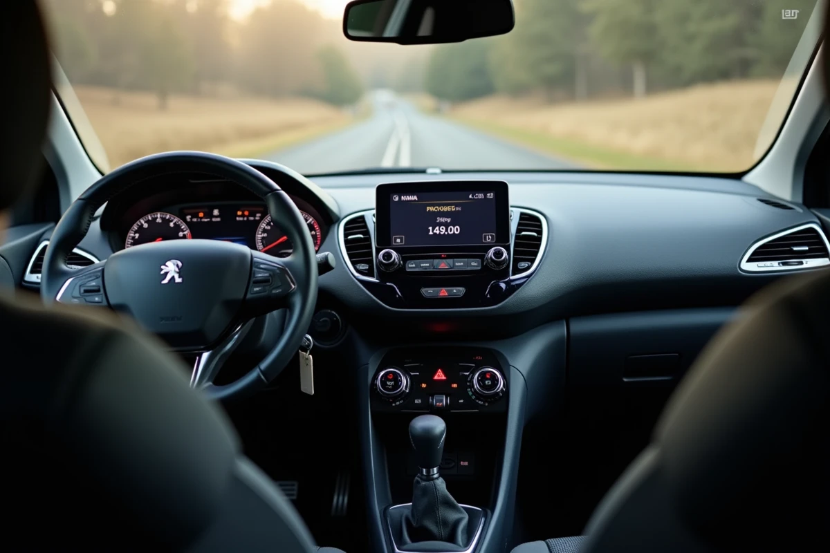 Tableau de bord d'une Peugeot 208 d'occasion vu depuis la place conducteur, montrant l'instrumentation numérique et l'écran multimédia lors d'une inspection avant achat